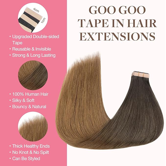 GOO GOO Tape in Hair Extensions Human Hair, 1D/2C/4E Chocolate Dip Color Melt, 18inch 25g 10pcs, Skin Weft Seamless Invisible, Silky Straight with Thick Ends, Remy Human Hair