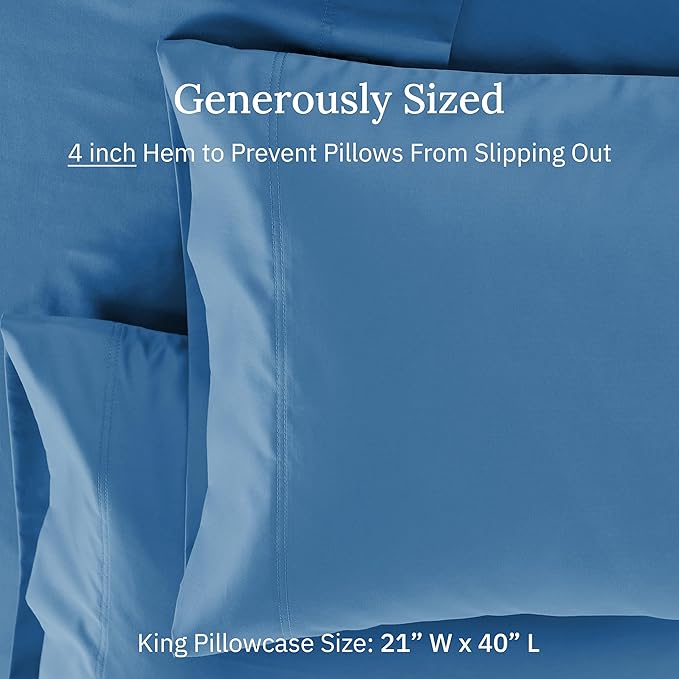 California Design Den King Size Pillows Cases Set of 2-600 Thread Count Sateen, Natural 100% Cotton Pillowcases King, Crisp, Durable Premium-Feel Bedding - Parisian Blue