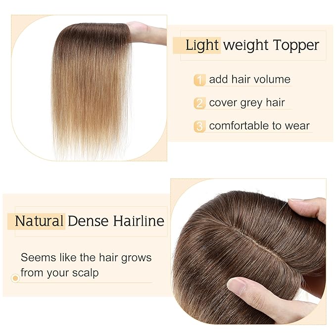 SEGO Human Hair Toppers for Women With Thinning Hair, 7 * 13CM Silk Base 100% Real Human Hair Clip in Top Wiglet Hairpieces -12 Inch No Bangs Medium Brown to Dark Blonde