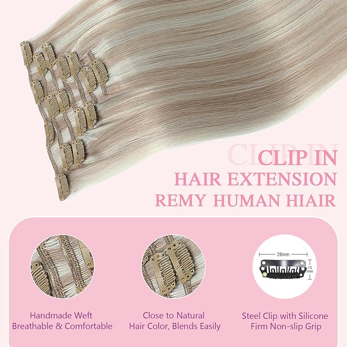 PINKPEARL Clip in Hair Extensions #18P1000 Ash Blonde Highlighted Gray Blonde 7pcs 14 Inch 120g Real Remy Hair Extensions Clip in Human Hair(#18P1000-14)