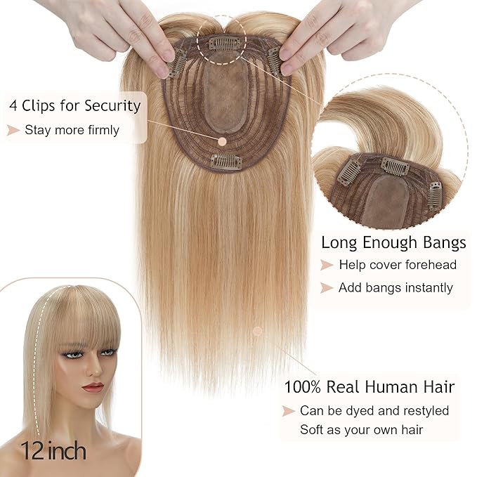 Hair Toppers for Women Real Human Hair With Bangs, 13 * 15 cm Larger Silk Base 150% Density Clip In Topper Hairpieces, Wiglet Top Pieces Add Volume -10 Inch 12P613 Golden Brown&Bleach Blonde
