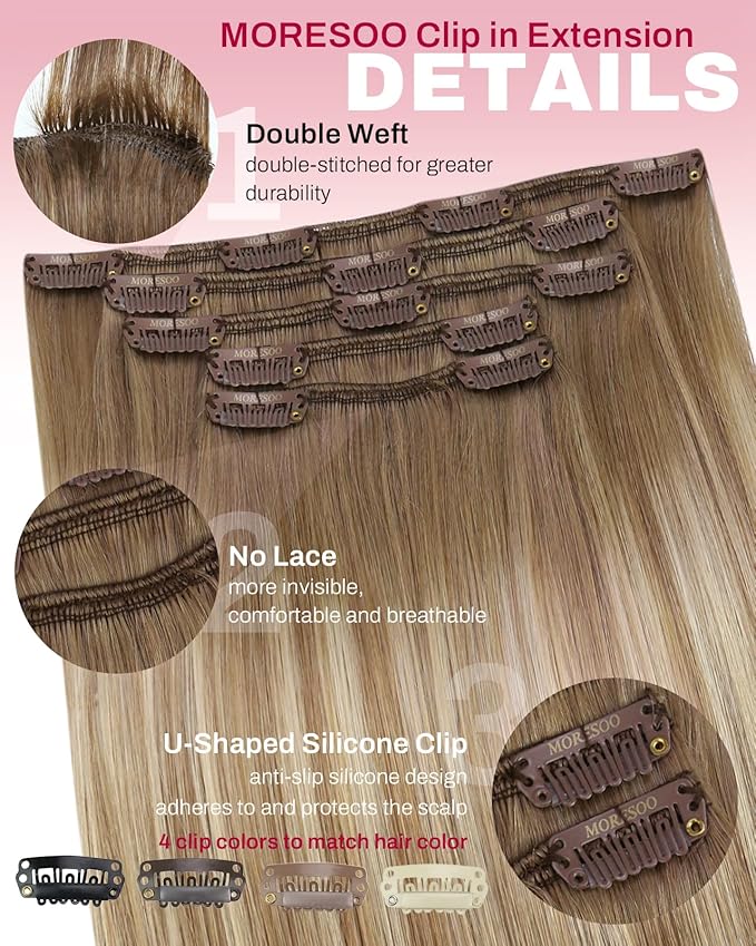 Moresoo Clip in Hair Extensions Real Human Hair Double Weft Human Hair Clip in Extensions Straight Balayage Ombre Light Brown Mixed with Golden Blonde 5pcs 80g 22inch