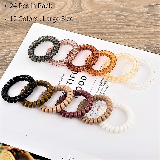 79STYLE Spiral Hair Ties 24pcs No Crease Clear Brown Coil Hair Ties Spiral Ponytail Holders Coils Scrunchies Plastic Phone Cord Hair Bands for Women Girls (Neutral Colors-Large Size)