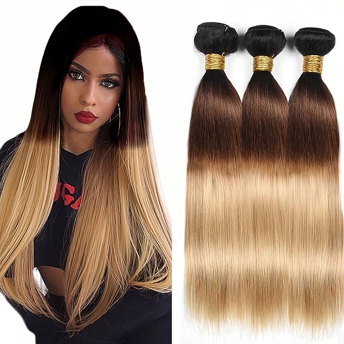 Ombre Straight Bundles Human Hair T1b427 Bundle Peruvian Virgin Remy Bundle Hair Weave 22 24 26 Inch 3 Tone Brown And Honey Blonde Bundles Hair Extensions