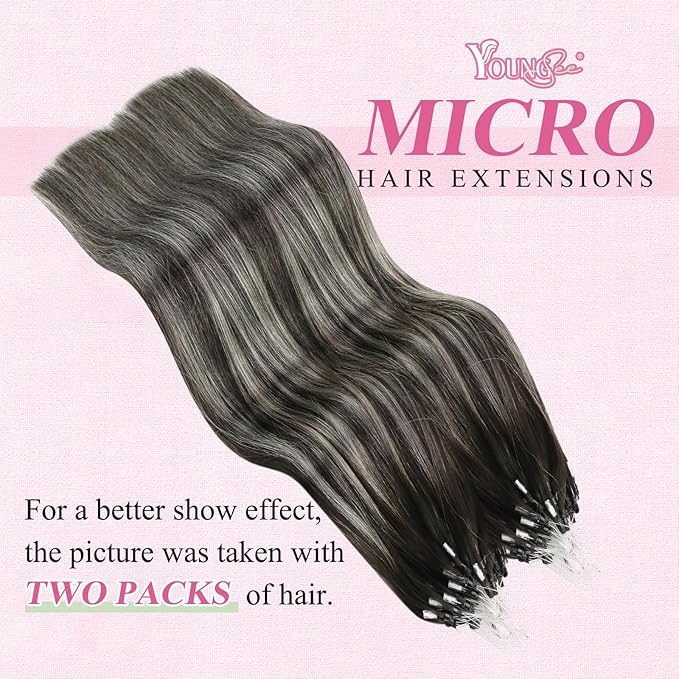 YoungSee Micro Link Hair Extensions Human Hair Ombre Micro Loop Hair Extensions Real Human Hair Silver with Black Balayage Beaded Hair Extension Pre Bonded Hair for Girls 16Inch 50g 50s