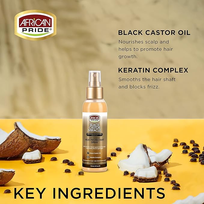 African Pride Black Castor Miracle Anti-Humidity Heat Protectant Spray - 400°F Heat Protection, Shields Against Heat Damage, Contains Black Castor Oil and Keratin Complex, 4 oz