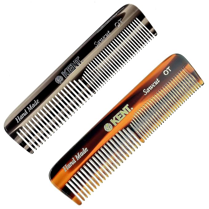 Kent OT Pocket Comb Black and Tortoise - Handmade Fine and Wide Tooth Hair Comb for Men, Women, and Kids - Travel, Beard, and Mustache Comb - Saw Cut and Hand Polished Made in England