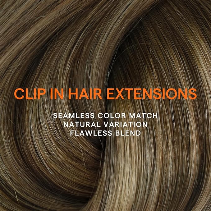 Full Shine Clip in Hair Extensions Real Human Hair Brown Balayage Dirty Blonde Hair Clip in Extensions Double Weft Medium Brown Human Hair Extensions for Women 14 Inch 7 Pcs