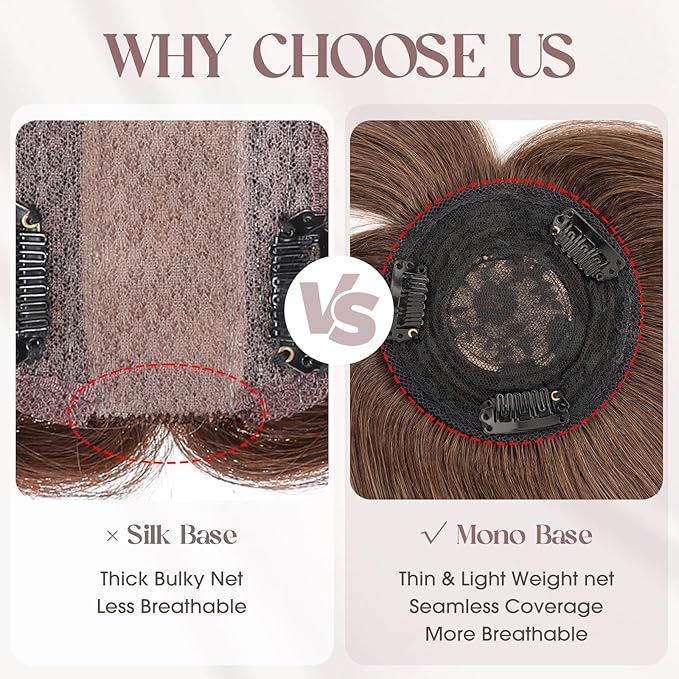 MY-LADY Human Hair Toppers for Women Real Human Hair with Bangs Thin 8.5 * 8.5CM Mono Base Clip in Remy Hairpieces Light Weight 10 Inch Natural Black