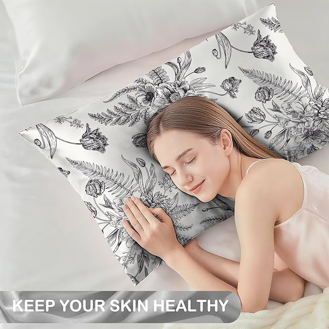 Satin Pillowcase 1 Pack-Black and White Peony Tulips Vintage Floral Silky Pillow Cover for Hair and Skin,Standard Size 20x26 Inch Soft Cooling Printed Pillow Cases with Hidden Zipper