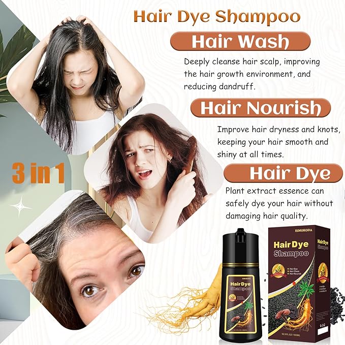 Coffee Hair Dye Shampoo 3 in 1, Natural Brown Hair Color for Men & Women, Long Lasting Shampoo Para Canas for All Hair Types, Easy to Use Herbal Brown Dye, 16.9 Fl Oz (Coffee)