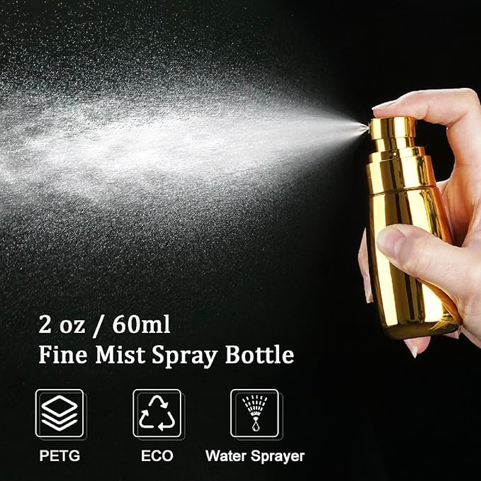 Cosywell Travel Spray Bottle 3 Pack 2oz 60ml Leak Proof TSA Approved Fine Mist Spray Bottle Empty Plastic Refillable Containers for Hair Perfume Toners Rose Water Cosmetics(Gold+Pink+Clear)