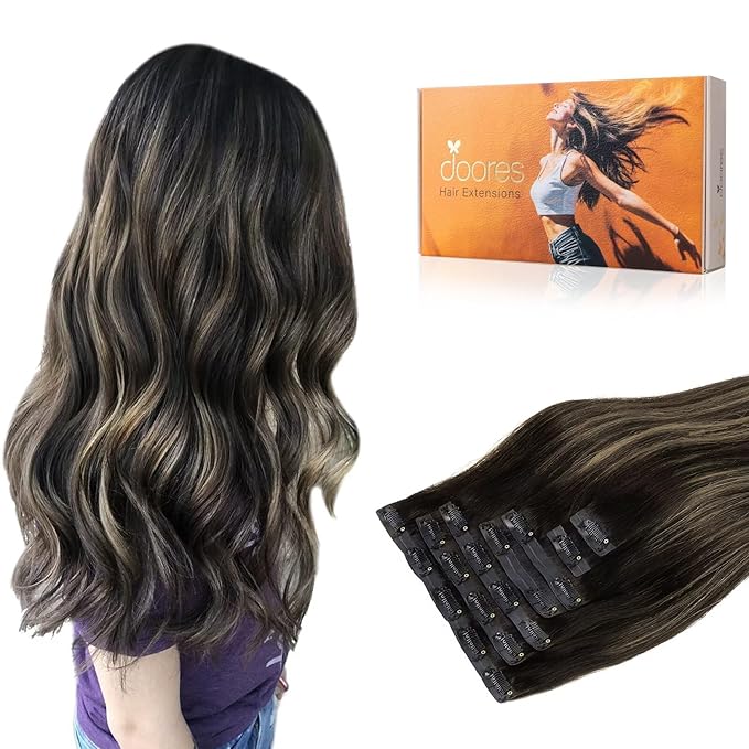DOORES Hair Extensions Clip ins, Balayage Natural Black to Light Blonde 7pcs 14 Inch 110g, Seamless Clip in Hair Extensions Remy Thick Straight Invisi Edge Weft