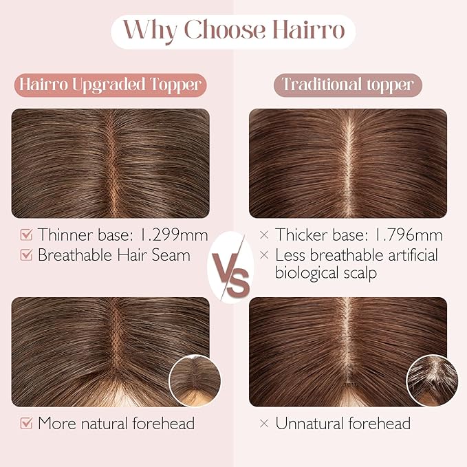 Hairro 100% Human Hair Topper No Bangs, Real Clip in Hair Hairpieces for Women, 3.94x4.72" Silk Base for Thinning Receding High Hairline, 12 Inch Natural Black to Medium Brown Middle Part