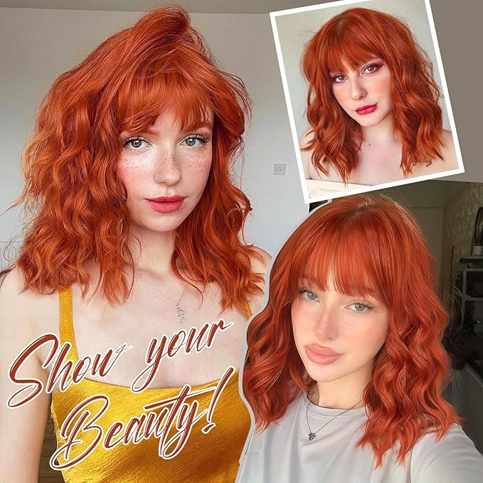 Nnzes Short Orange red Wavy Wig with Bangs for Women Shoulder Length Bob Curly Women's Charming Synthetic Wigs with Natural Wavy Wig Heat Resistant Hair for Daily Party Use