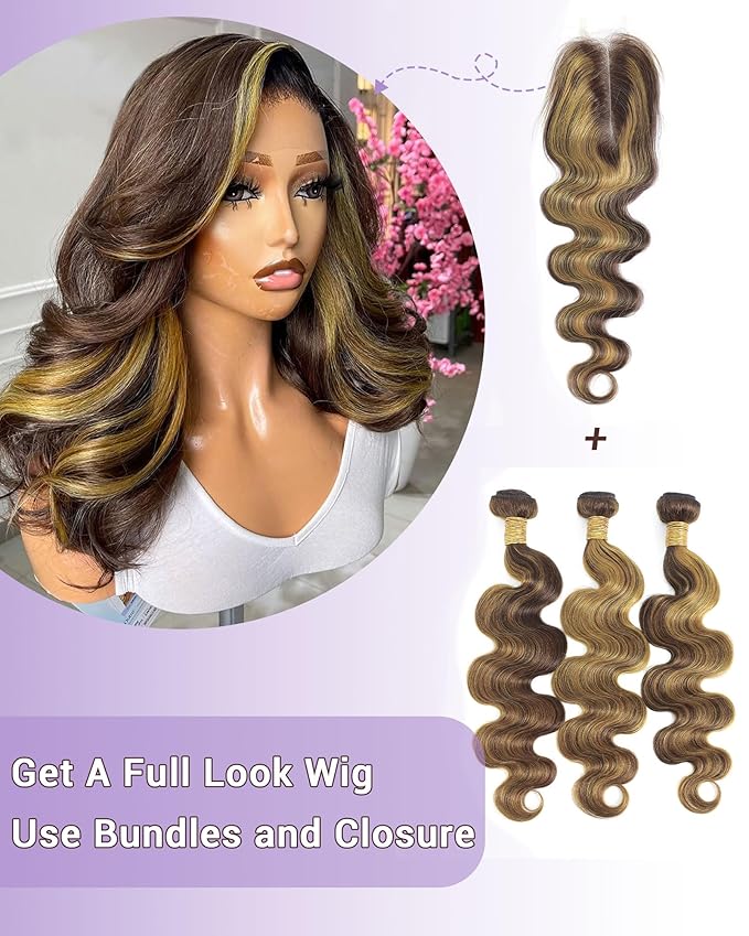 Highlight Yellow Golden Blonde On Chocolate Brown Color Body Wave Human Hair Bundles 100% Real Virgin Human Hair 3 Bundles Body Wave 12 14 16 Inch Colored Sew in Quick Weave