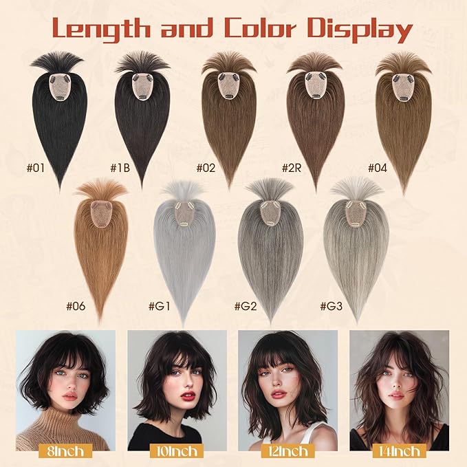 Rich Choices Human Hair Toppers for Women-100% Real Remy Hair Topper with 3D 360°Bang-Upgraded 150% Density 9 * 12CM Lace Base-Clip in Hairs topper for Thinning Hairs-14Inch #G3 Salt and Pepper Grey