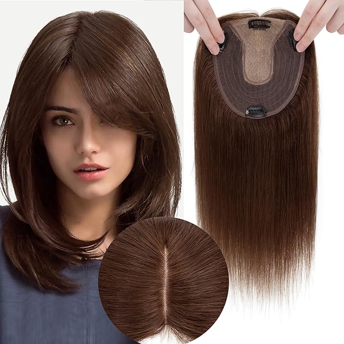 Hair Toppers for Women Real Human Hair No Bangs, 13 * 15 cm Larger Silk Base 150% Density Clip In Topper Hairpieces, Wiglet Top Pieces Add Volume -10 Inch 04 Medium Brown