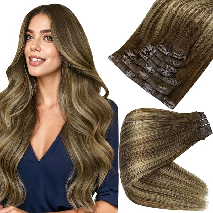 Full Shine Clip in Human Hair Extension Brown to Honey Blonde Mix Brown Seamless Hair Extensions Straight Remy Hair With PU Weft 8 Pcs 120 Grams 22 Inch