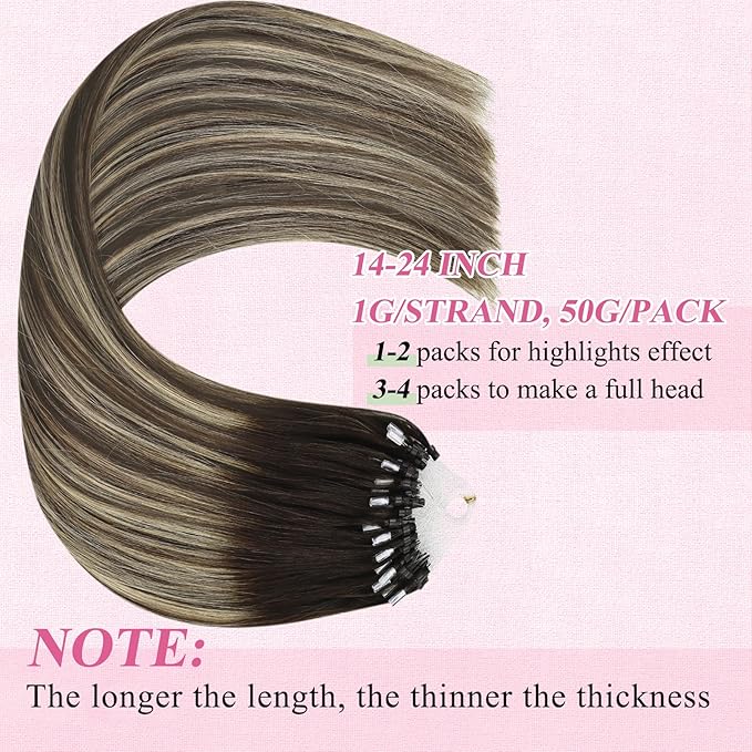 YoungSee Micro Beads Hair Extensions Human Hair Balayage Micro Hair Extensions Human Hair Ombre Dark Brown to Blonde Micro-Loop Hair Extension 14 Inch 50g 50s Bead Hair Extension for Short Hair
