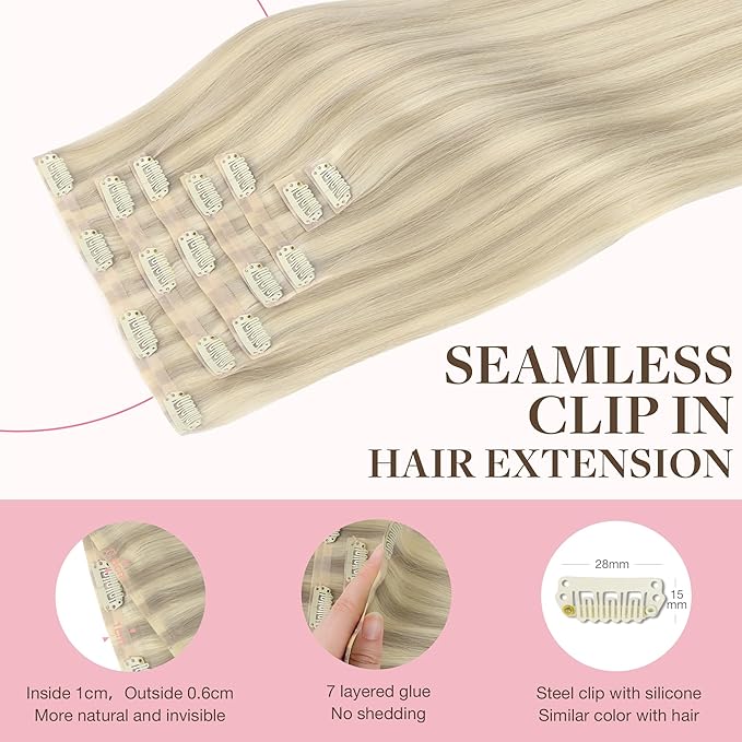 GOO GOO Clip in Hair Extensions Real Human Hair, Remy Human Hair Extensions Clip ins for Women, Natural Human Hair, 20inch 110g 7Pcs, 17A/60A Ash Blonde Highlighted Platinum Blonde