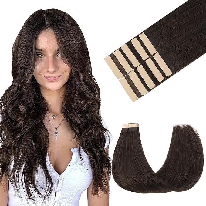 GOO GOO Tape in Hair Extensions Human Hair, 2A Light Brown, 22inch 30g 10pcs, Skin Weft Seamless Invisible, Silky Straight with Thick Ends, Remy Human Hair