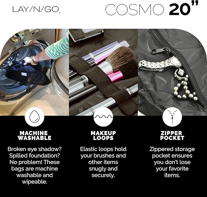 Lay-n-Go Cosmo Drawstring Cosmetic & Makeup Bag Organizer - Portable Drawstring Makeup Bag w/Zipper Pocket, Makeup Loops & More - Durable, Machine Washable Toiletry Bag (20", Pink Chevron)