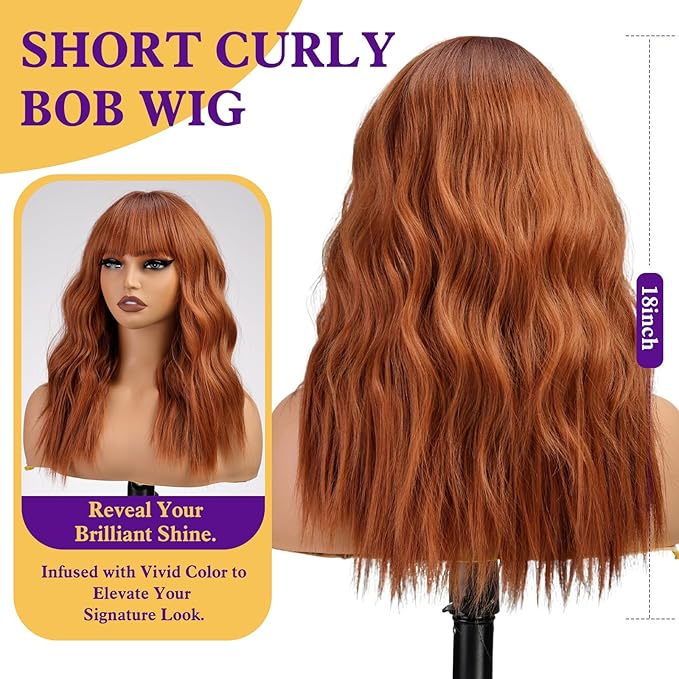 Orange Wig with Bangs,Ginger Wavy Wigs for Women,Copper Shoulder Length Curly Synthetic Hair Wig for Party Daily Use 18In…