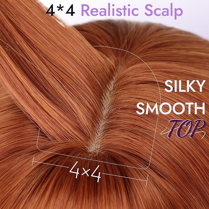 Wig with Bangs for Women Ginger Straight Face-Framing Layers Hairstyle 4x4 Realistic Scalp Glueless Synthetic Wigs Medium Length for Everyday Use