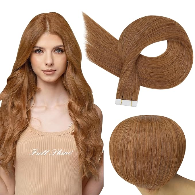 Full Shine Hair Extensions Tape in Color 330 Copper Brown Tape in Human Hair Extensions 24Inch 100Gram 40Pcs Long Straight Seamless Skin Weft Brazilian Remy for Wedding Add Length