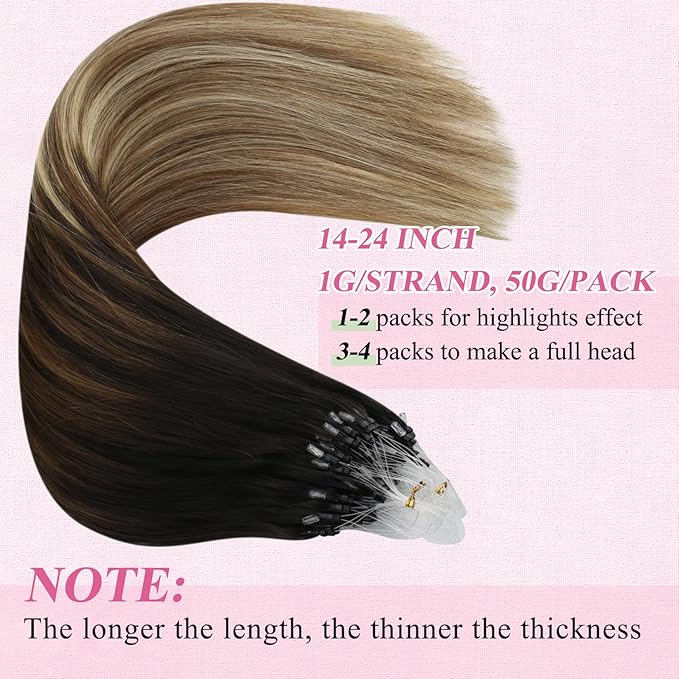 YoungSee Micro Bead Hair Extensions Real Human Hair Balayage Micro Loop Hair Extensions Ombre Dark Brown to Browns with Blonde Hair Extension Beaded Remy Hair Extension 50g 50s 18In Microring Hair