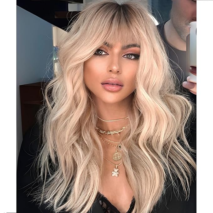 Blonde Wig with Bangs,Dirty Blonde Wavy Wigs for Women,Shoulder Length Curly Synthetic Hair Wig for Party Daily Use 18IN…