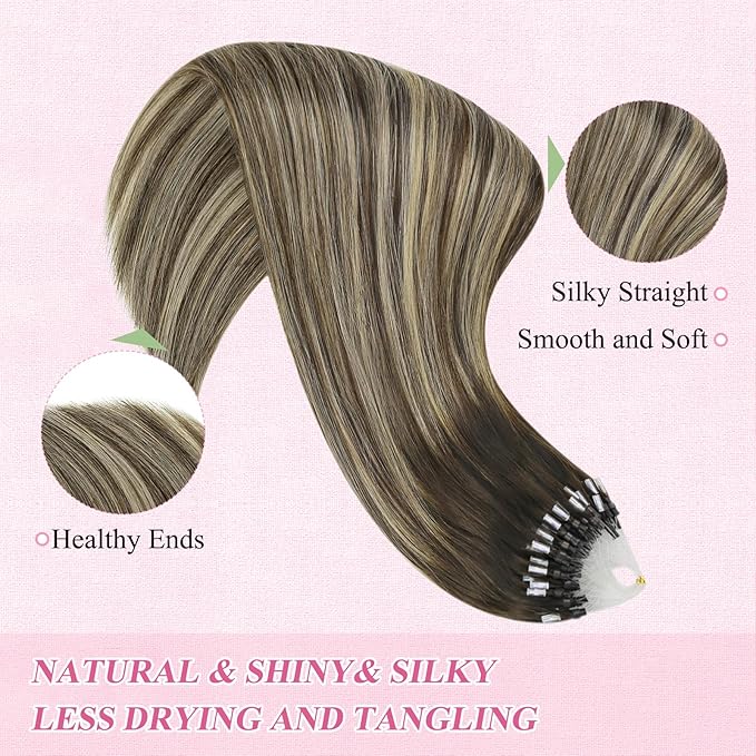 YoungSee Micro Beads Hair Extensions Human Hair Balayage Micro Hair Extensions Human Hair Ombre Dark Brown to Blonde Micro-Loop Hair Extension 14 Inch 50g 50s Bead Hair Extension for Short Hair