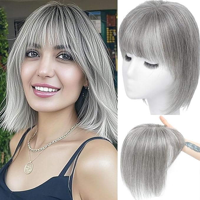 Hair Toppers for Women Real Human Hair, 360°3D Topper for Women with Thinning Crown Wispy Clip in Bangs Breathable Hand Tied Craft Big Coverage Hairpieces(Gray（Big Coverage）, 12 Inch-3D-Wispy)