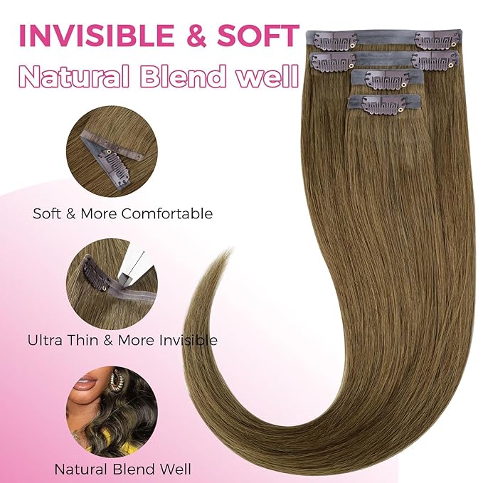 Lashey Seamless Clip in Hair Extensions Human Hair, 4pcs 48g Medium Brown 20 Inch, Straight Hair Extensions Real Human Hair with PU Soft Invisi Edge