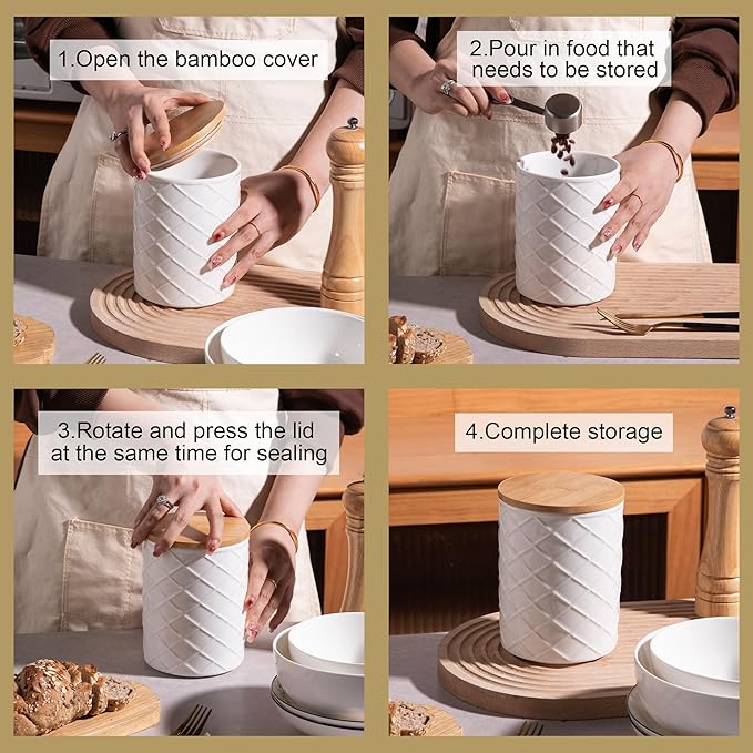 Sweejar Ceramic Canisters Sets for Kitchen Countertop, Relief Food Storage Jar with Bamboo Lid, Stackable Container for Flour, Coffee, Pasta, Cereal, Tea, Cookies, Sugar, Spices, Pack of 4 (Gray)