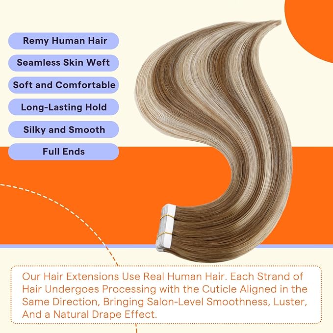 Full Shine Tape in Extensions 16 Inch Color 6 Brown Fading to 6 and 60 Blonde Invisible Double Sided Remy Tape Ins Human Hair Extensions 50 Grams Straight Seamless Soft and Silky 20 PCS for Wedding