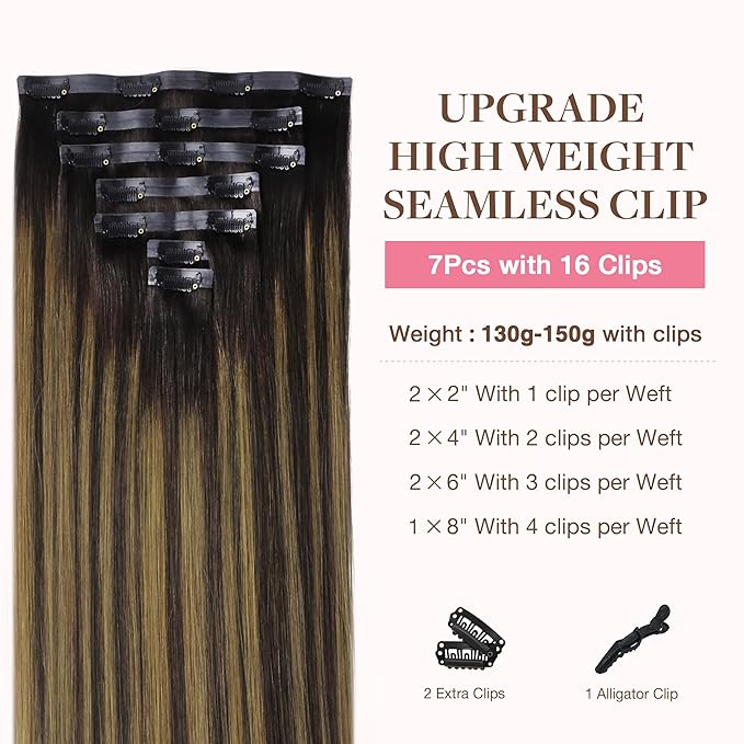 GOO GOO Clip in Hair Extensions Real Human Hair, Remy Human Hair Extensions Clip ins for Women, Natural Human Hair, 24inch 160g 7Pcs, 2/6/2 Balayage Dark Brown to Chestnut Brown