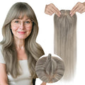 Real Human Hair Toppers for Women 3.54"*4.72" Silky Base 150% Density With Bangs Adjustable Parting Clip-In Topper Hairpieces for Women with Thinning Hair 12 Inches White Mixed Natural Black