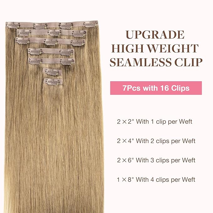 GOO GOO Clip in Hair Extensions Real Human Hair, Remy Human Hair Extensions Clip ins for Women, Natural Human Hair, 14inch 110g 7Pcs, 7 Bronde