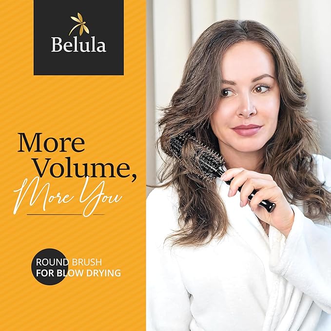 Belula Boar Bristle Round Brush for Blow Drying Set. Round Hair Brush With Large 2.7” Wooden Barrel. Hairbrush Ideal to Add Volume and Body. Free 3 x Hair Clips & Travel Bag.