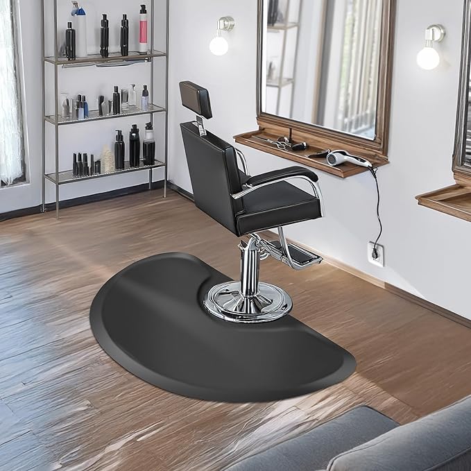 Saloniture 3 ft. x 5 ft. Salon & Barber Shop Chair Anti-Fatigue Floor Mat - Black Semi Circle - 7/8 in. Thick