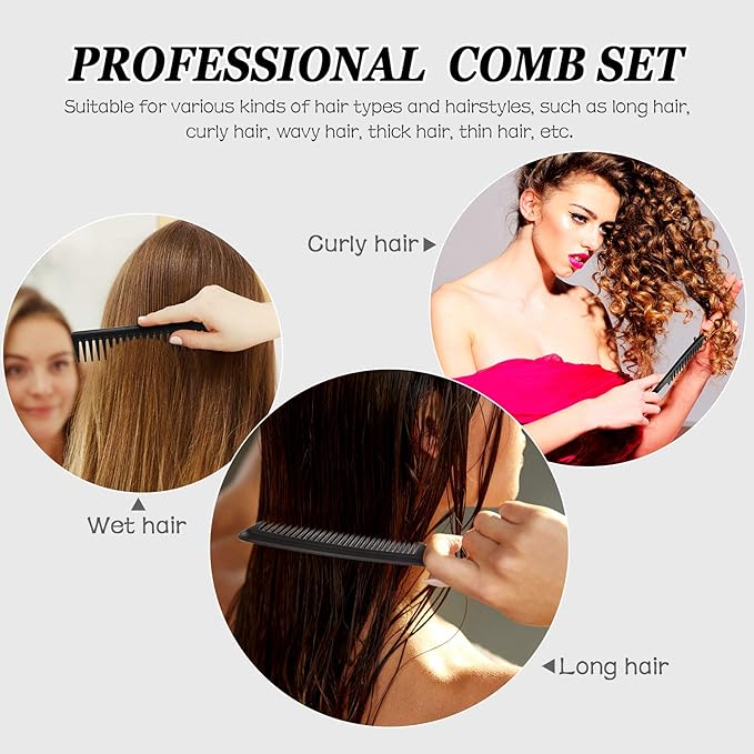 Patelai 3 Pieces Wide Tooth Detangling Hair Comb Styling Set, Carbon Fiber Styling Cutting Comb Anti Static Heat Resistant for Women Curly Straight Long Hair, Black