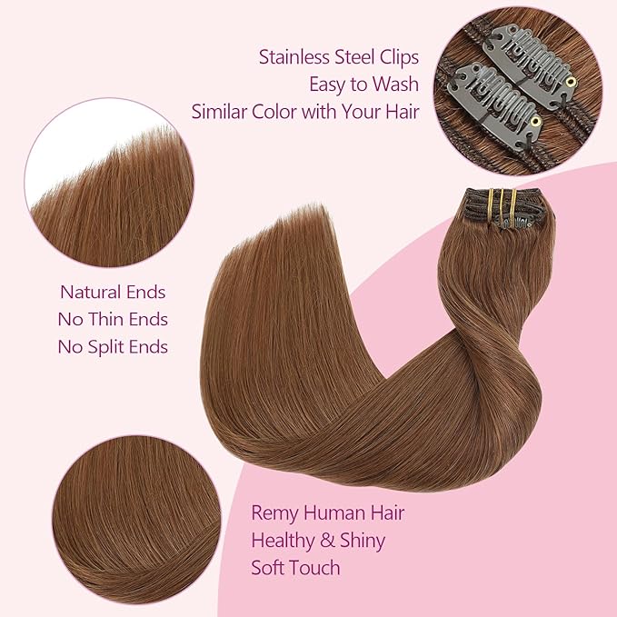 PINKPEARL Clip in Hair Extensions Real Human Hair, Remy Human Hair Extensions Clip ins for Women, Natural Human Hair, 14inch 120g 7Pcs, #33 Auburn(#33-14)