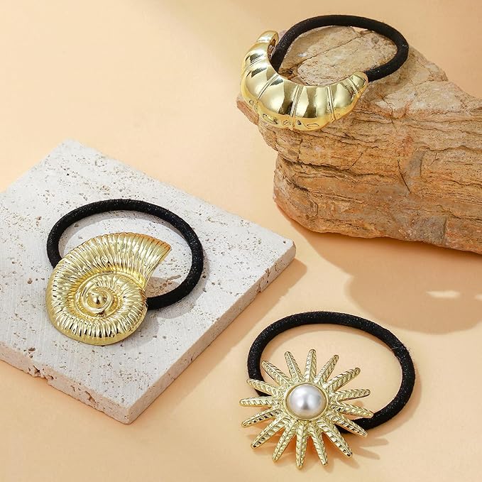 3PCS Gold Hair Ties, Metal Hair Ties for Thick Hair, Gold Ponytail Cuff Elegant Durable Geometric Design, Hair Accessories for Women, Stretchy & Non Damage Ponytail Holders with Pendant Holiday Gifts