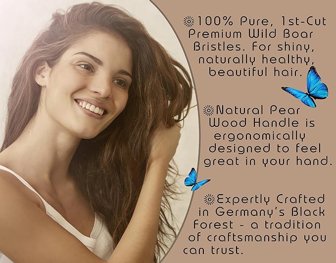 100% Wild Boar Bristle Hairbrush for Natural Healthy Hair, Medium Soft Tibet Bristles, Pear Wood Handle, Wooden Hair Brush for Fine or Thinning Hair, for Women & Men, Made in Germany's Black Forest