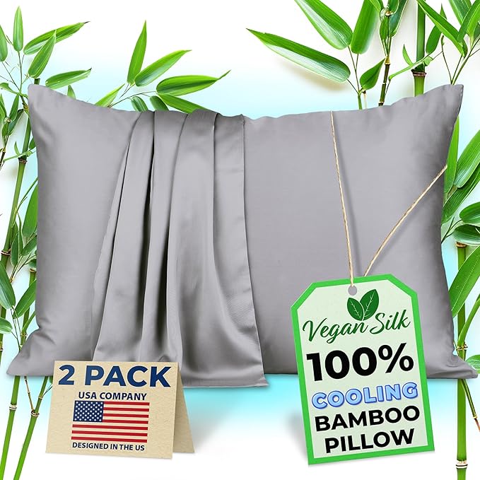 Pillow Cases - 100% Viscose Derived from Bamboo - Cooling Pillowcase - Standard Size, Gray, Set of 2 Zippered - for Hot Sleepers - Soft Pillow Covers - by Vegan Silk
