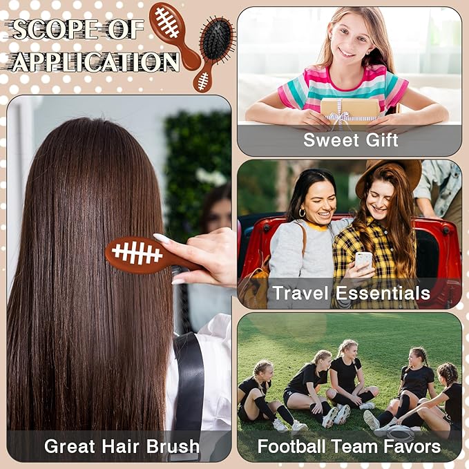 12 Pcs Football Mini Detangler Brush, Mini Travel Hair Brush, Bristles Plastic Detangling Brush, No Tangle Soft Flexible Bristles for Straight, Curly, Thick Hair for Football Team Gift Sport Party