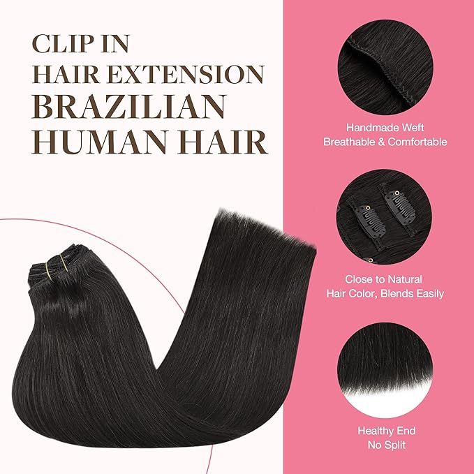GOO GOO Clip in Hair Extensions Real Human Hair, Remy Human Hair Extensions Clip ins for Women, Natural Human Hair, 14inch 150g 9Pcs, 1B Natural black