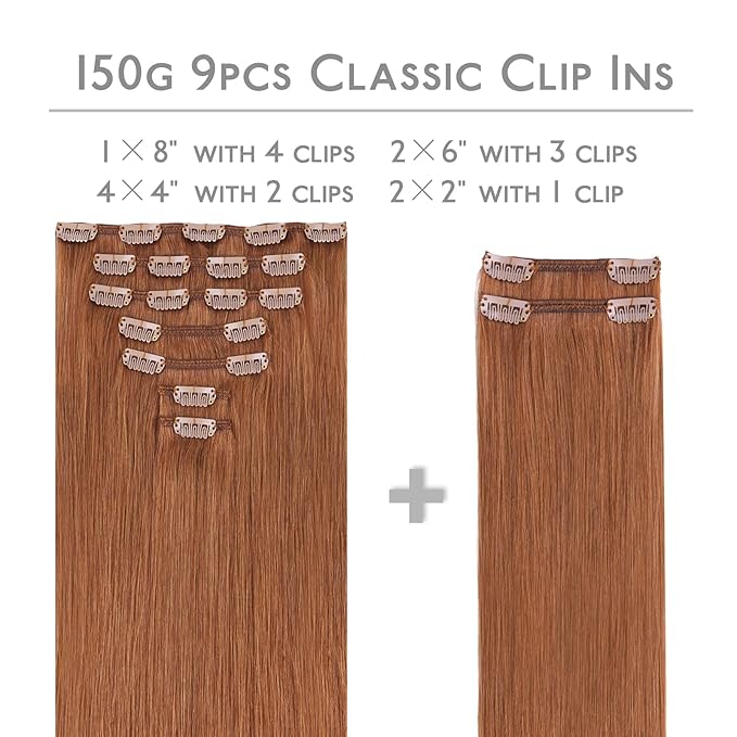 WENNALIFE Clip in Hair Extensions Real Human Hair, 18 Inch 150g 9pcs Cinnamon Terra Copper Remy Hair Thicker Double Weft Extensiones De Cabello Humano Con Clip Ins Straight Full Volume